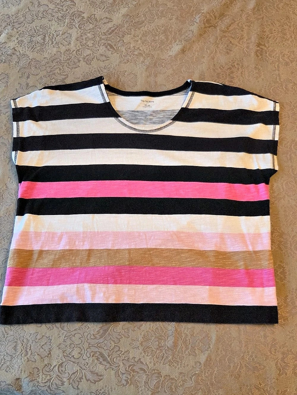 T by Talbots Striped Short Sleeve Tee in Black & Pink Size XLP
